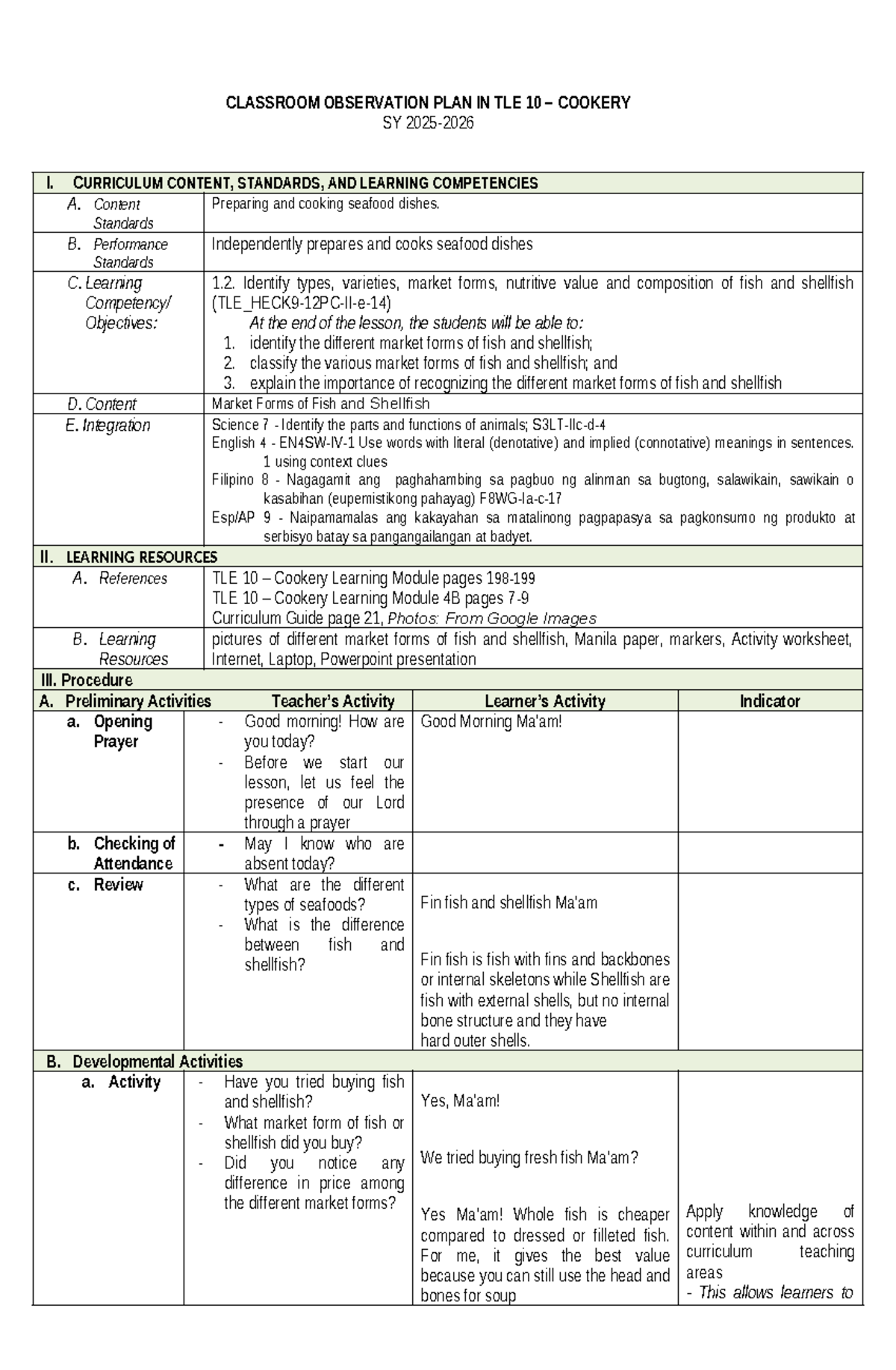 CLASSROOM OBSERVATION PLAN IN TLE 10 COOKERY: MARKET FORMS OF FISH AND ...