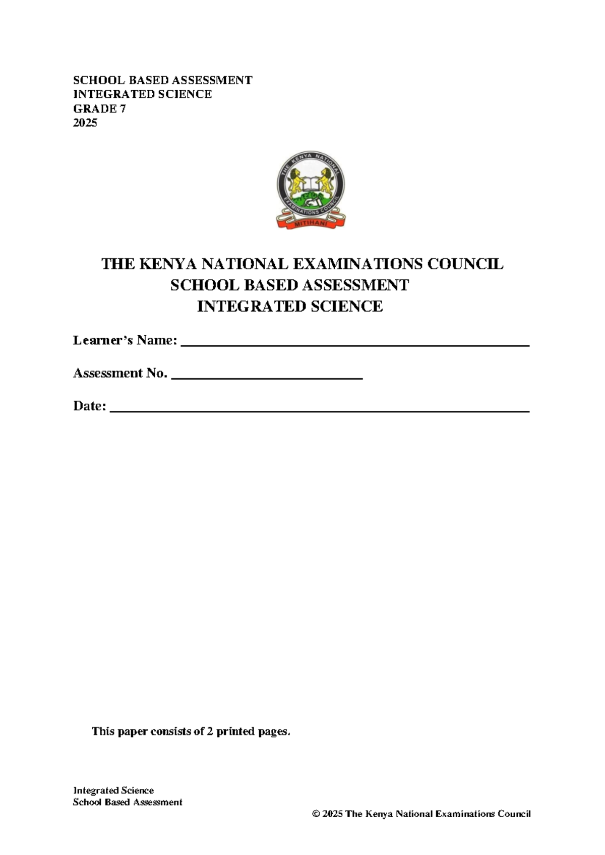 SCHOOL BASED ASSESSMENT INTEGRATED SCIENCE GRADE 7 2025 - Studocu
