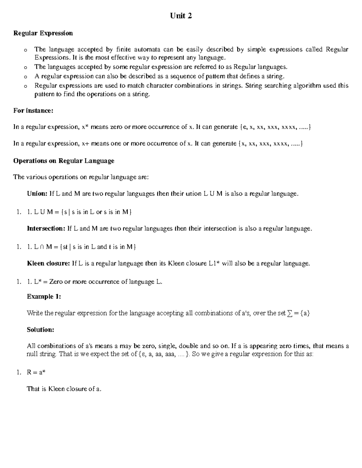 Unit 2 - Regular Expressions and Finite Automata Notes BBM401 - Studocu