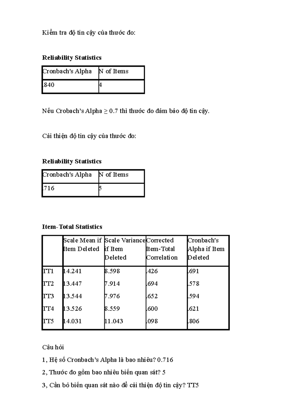 Kiểm tra độ tin cậy thước đo: Reliability Statistics và Alpha N - Studocu