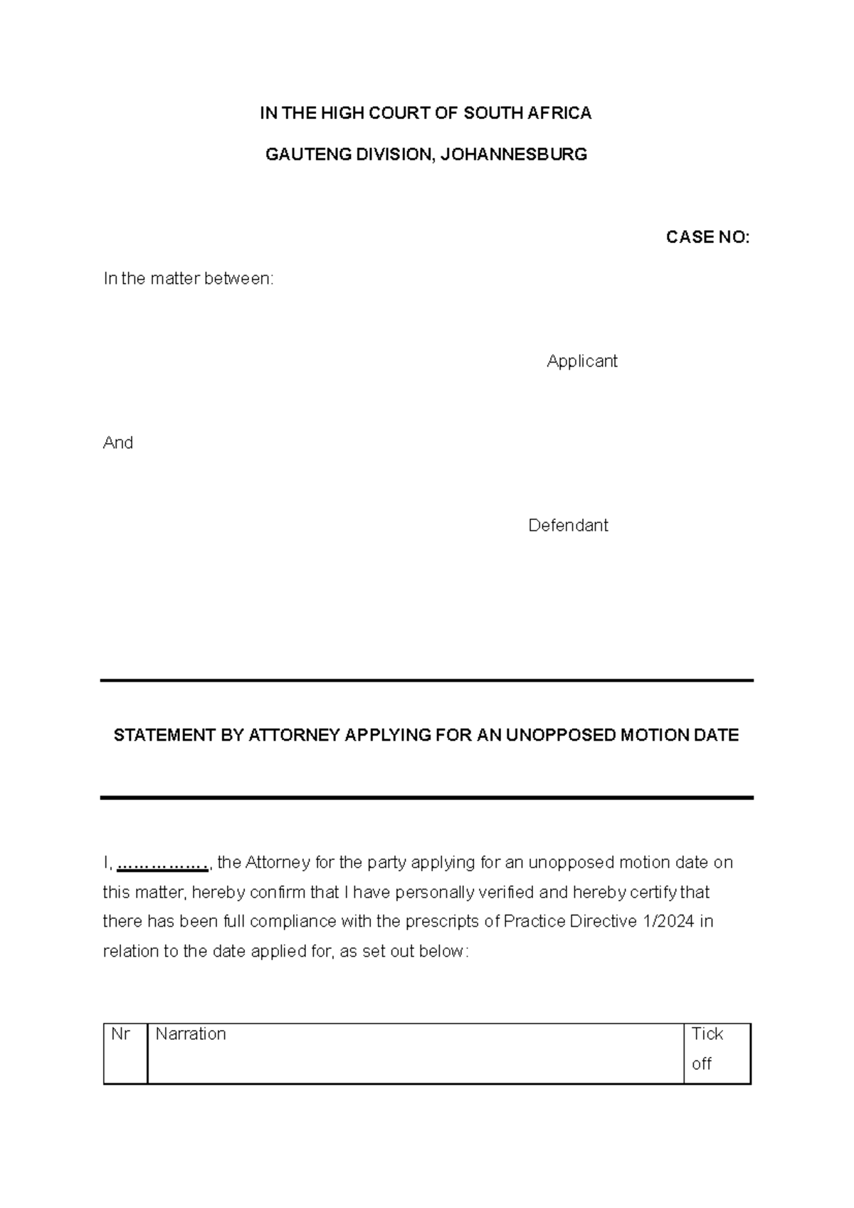 Unopposed Motion Date Compliance Statement - High Court Case - Studocu