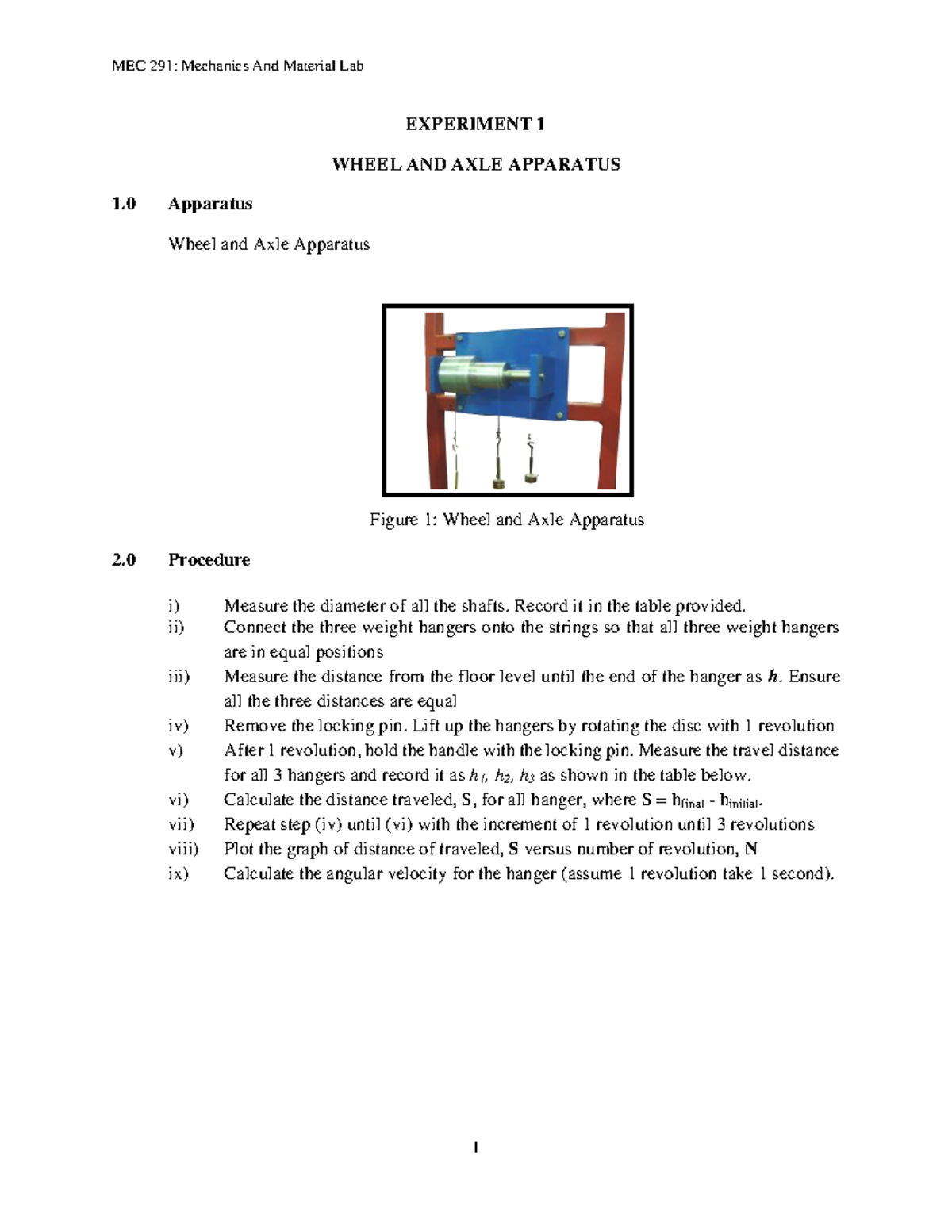 MEC 291: Wheel & Axle Experiment Procedure and Analysis Guide - Studocu