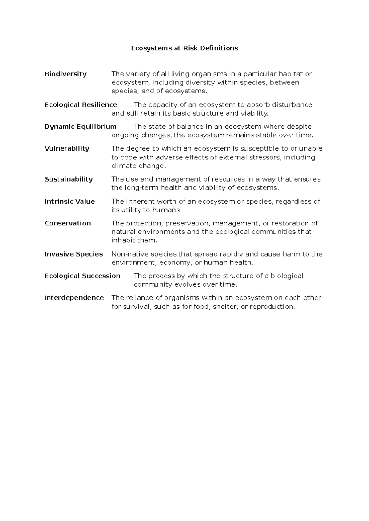 Ecosystems at Risk: Key Definitions and Concepts Explanation - Studocu