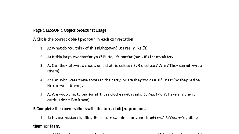 ENG101 Lesson 1: Object Pronouns & Usage Exercises - Studocu