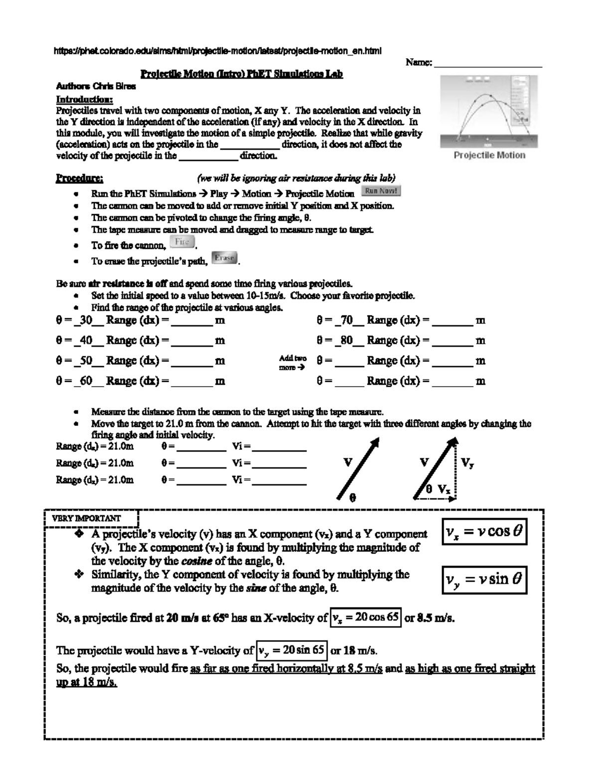 PHET Simulations Lab: Projectile Motion Study Guide for Physics 101 ...