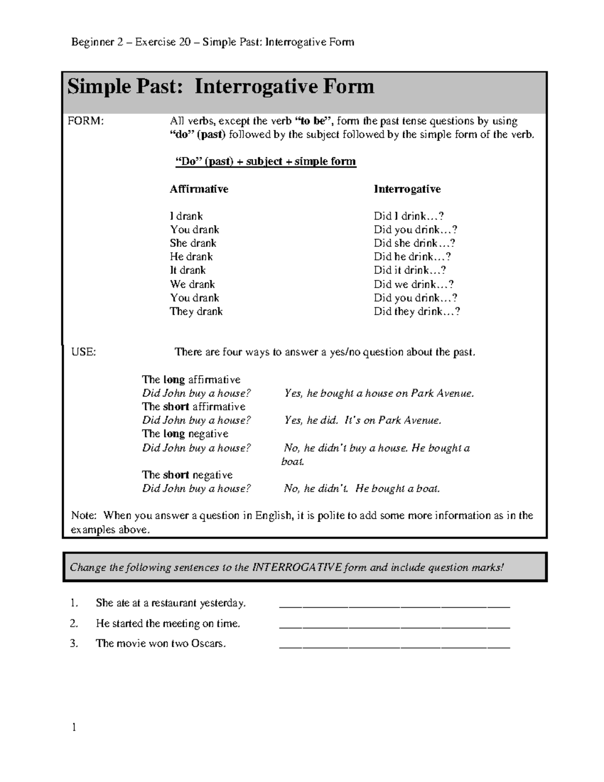Beginner 2 Exercise 20 Simple Past Interrogative Form - Beginner 2 ...