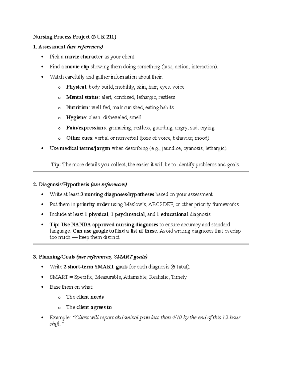 Nursing Process Project Guidelines (NUR 211) - Assessment & Diagnoses ...