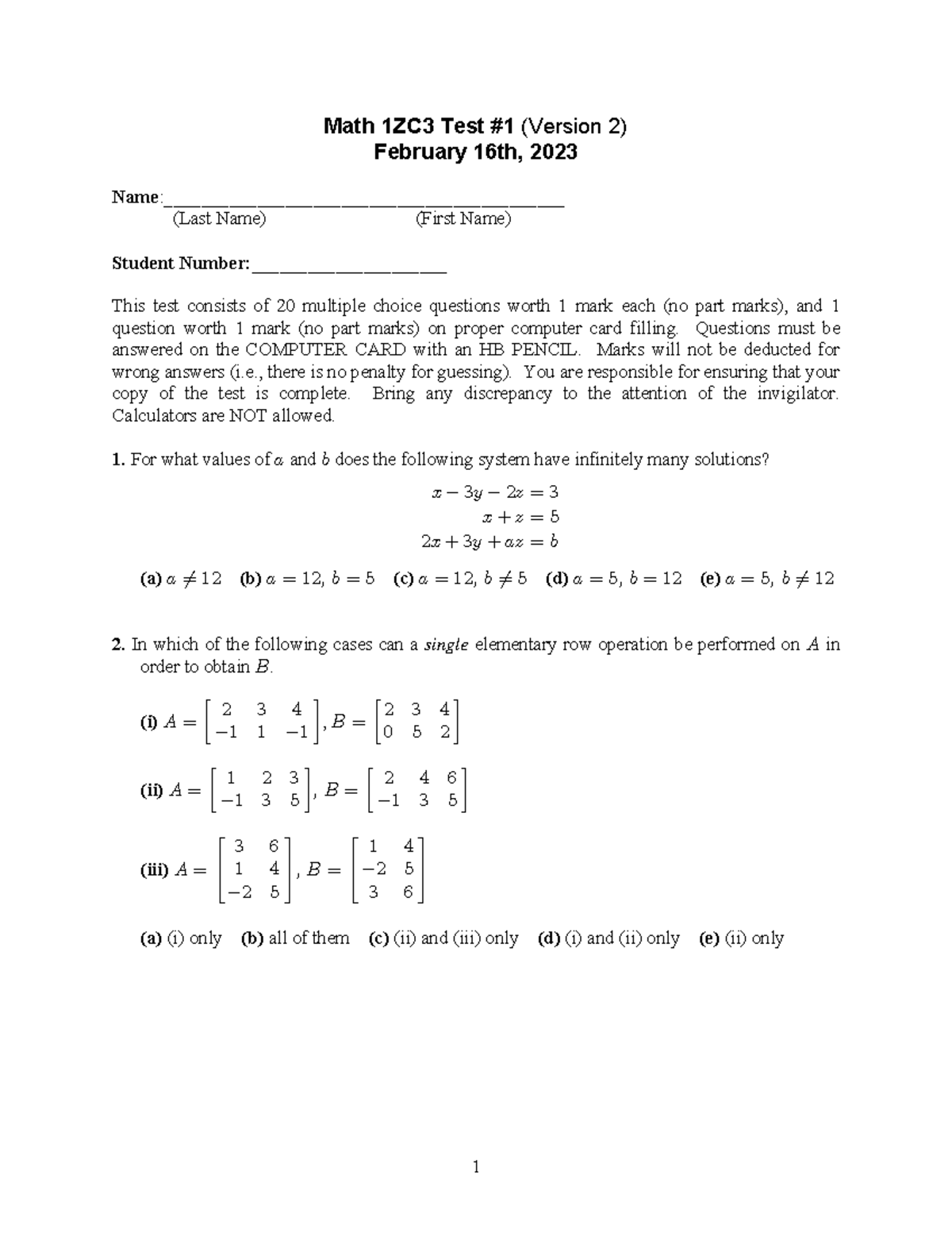 Math 1ZC3 Test 1 Practice - February 16, 2023 (Version 2) - Studocu
