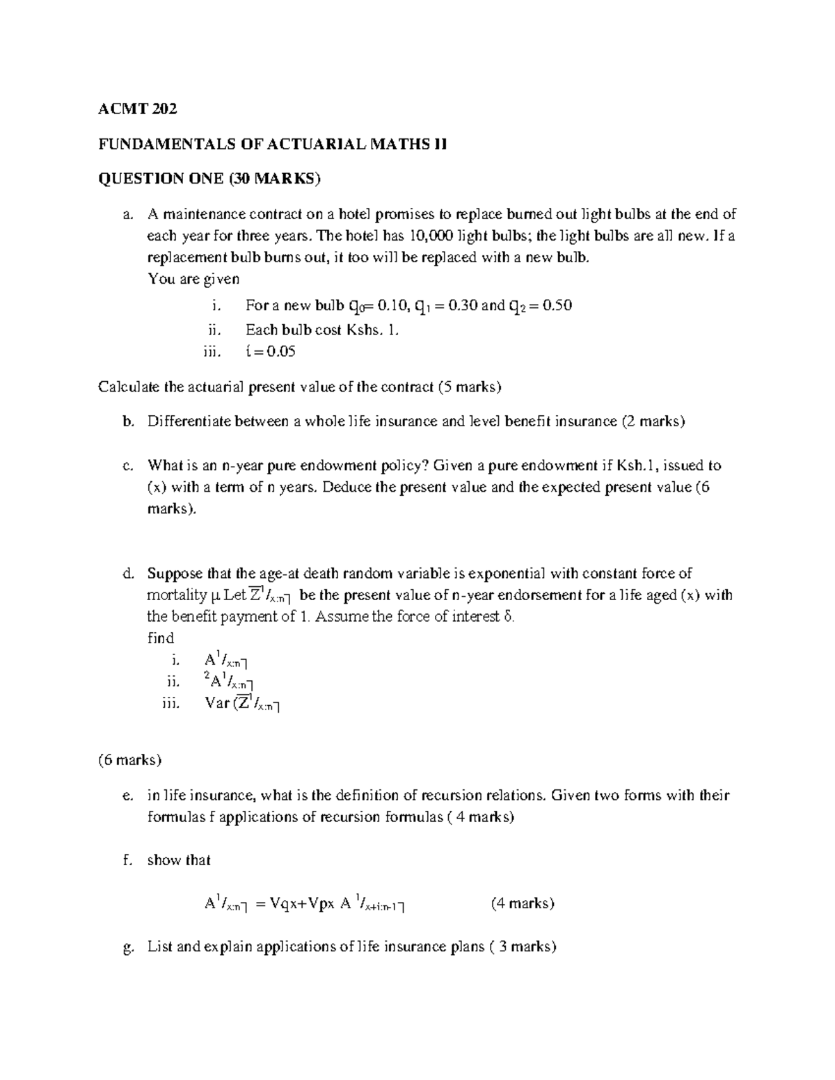 ACMT 202 Final Exam - Fundamentals of Actuarial Maths II - Studocu