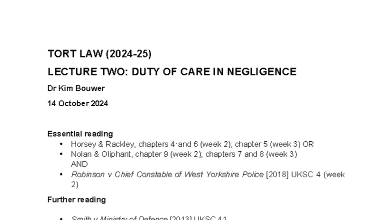 TORT LAW LECTURE TWO: DUTY OF CARE IN NEGLIGENCE (2024) - Studocu