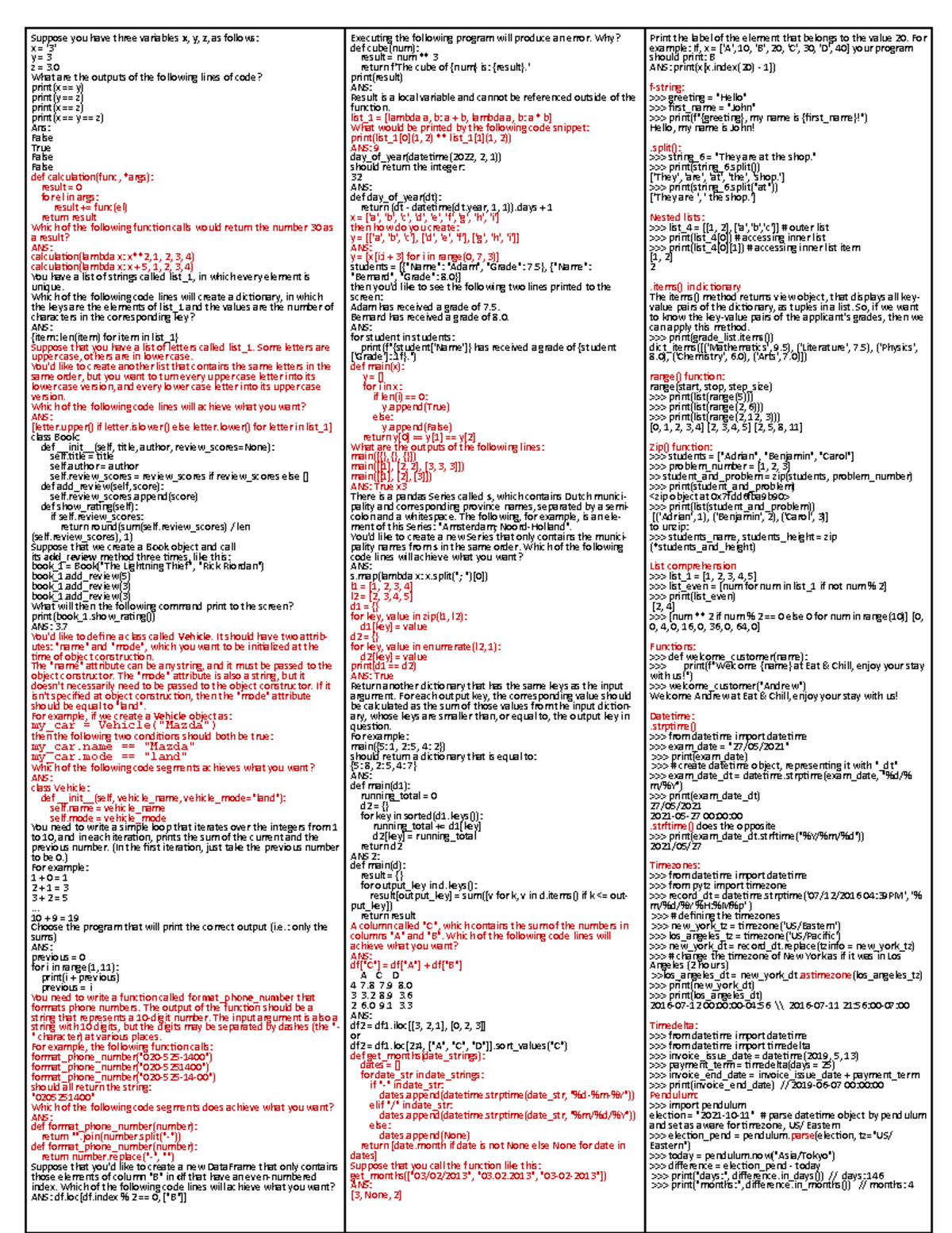 Python Endterm Study Notes - Sheet 3 Summary - Studeersnel