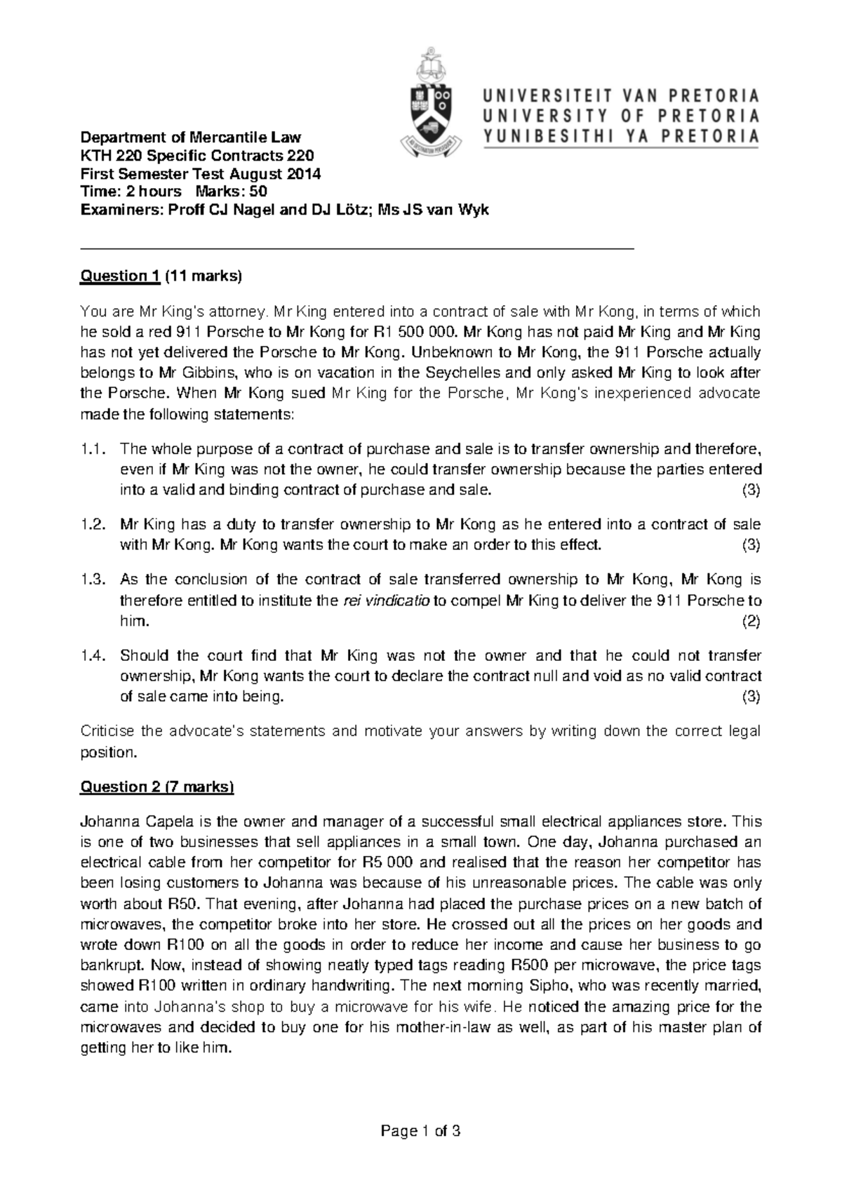 First Semester Test August 2014 - Page 1 of 3 Department of Mercantile ...