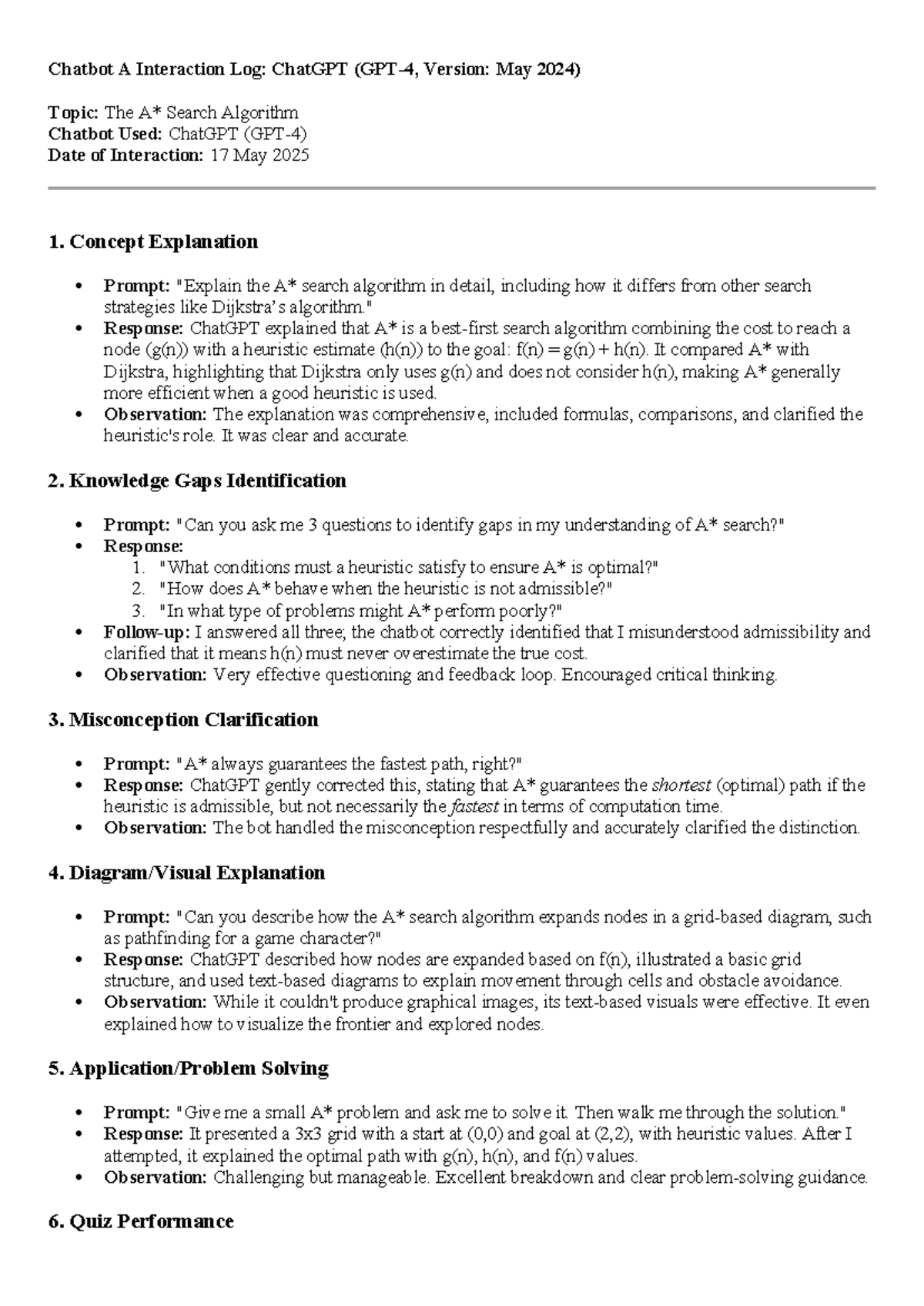 Chatbot A Interaction Log: A* Search Algorithm Insights (May 2024 ...