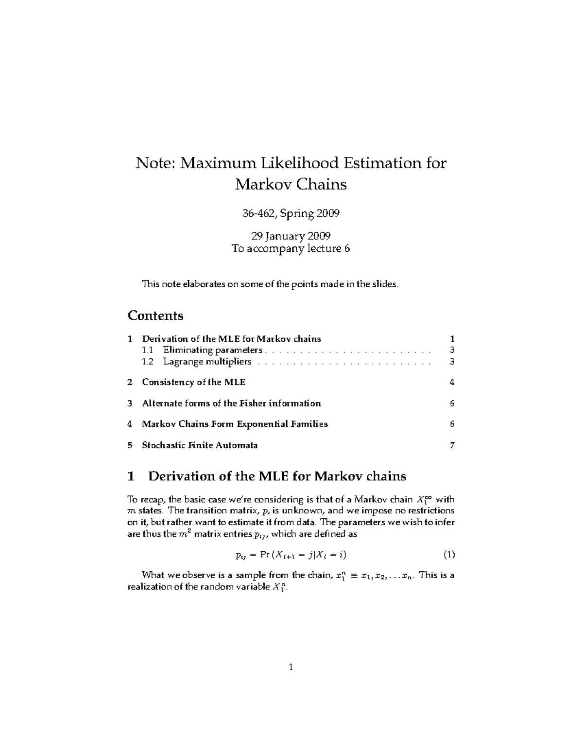 Maximum Likelihood Estimation for Markov Chains - Topic 6 Notes - Studocu