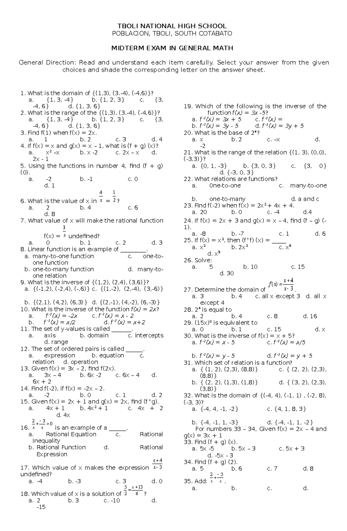 Gen MATH-Midterm Exam: Key Concept Reviews and Practice Problems - Studocu