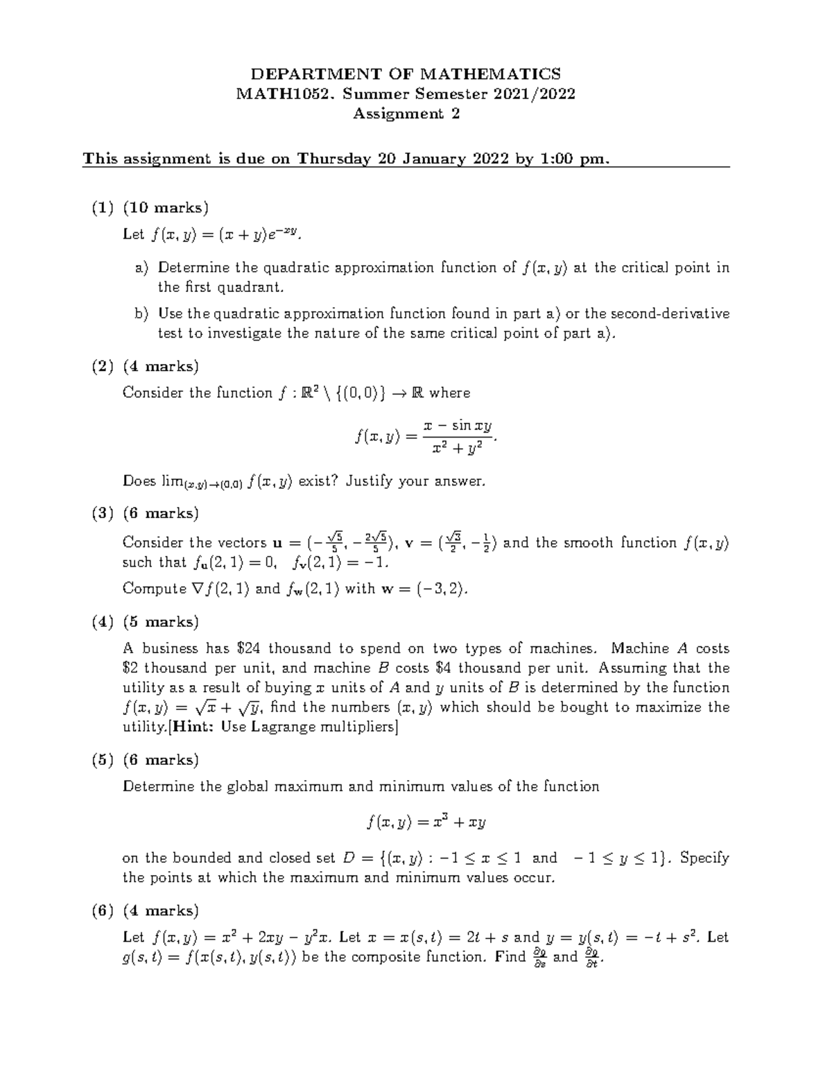 Assignment 2 - DEPARTMENT OF MATHEMATICS MATH1052. Summer Semester 2021 ...