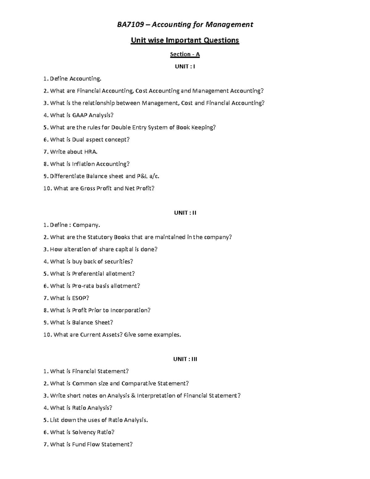 Accounting small and big questions - BA7109 – Accounting for Management ...