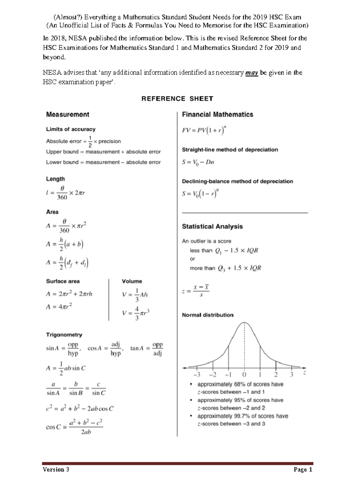 Mathematics Standard 1 & 2: Essential Formulas for 2019 HSC Exam - Studocu
