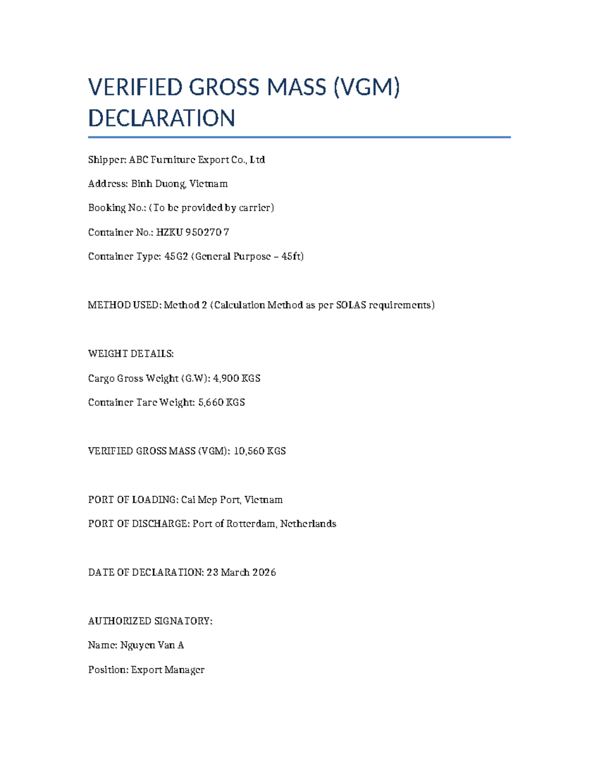 VGM Declaration for ABC Furniture Export Co., Ltd - 23 Mar 2026 - Studocu