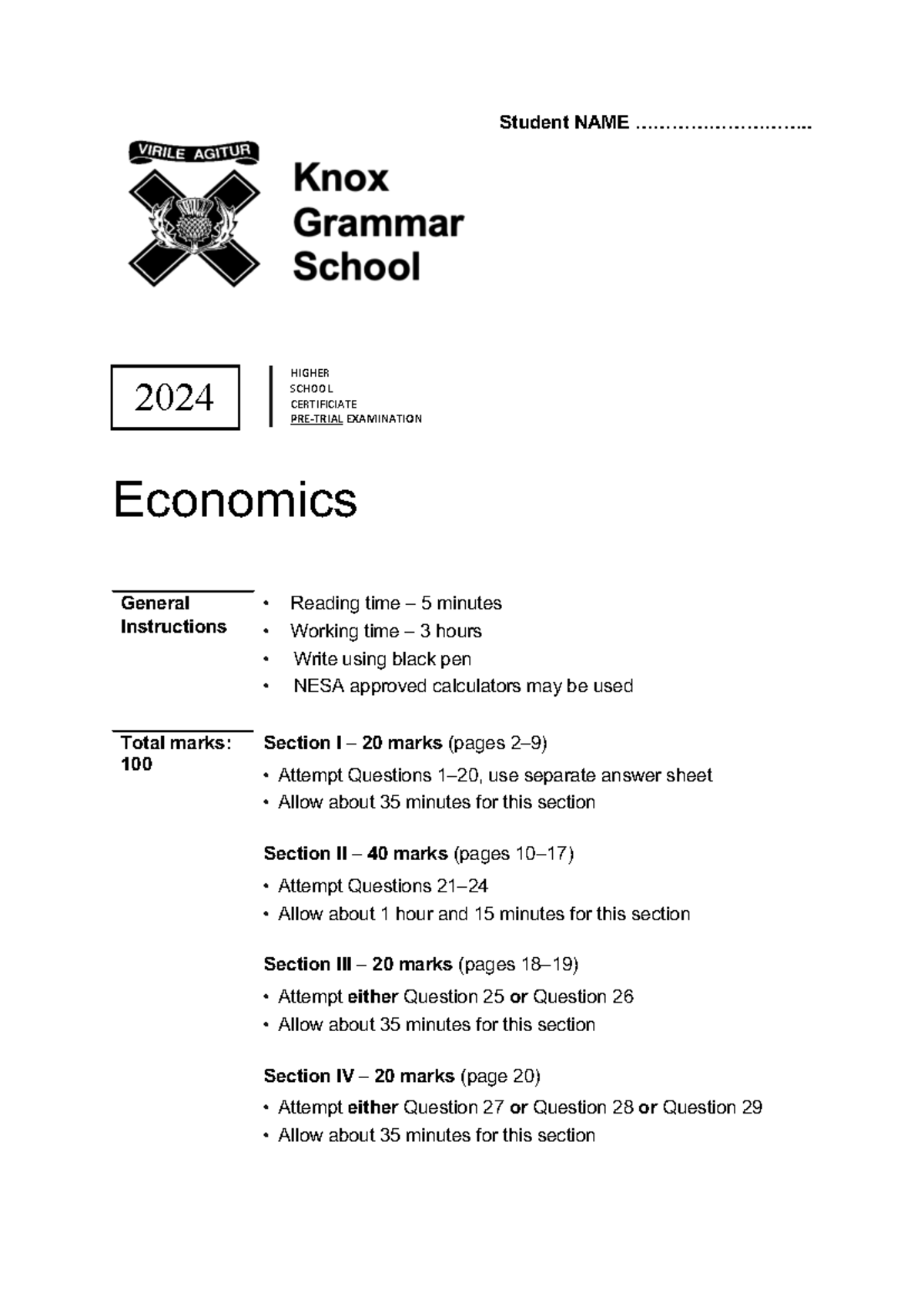 Knox 2024 Economics HSC Exam General Instructions & Questions - Studocu