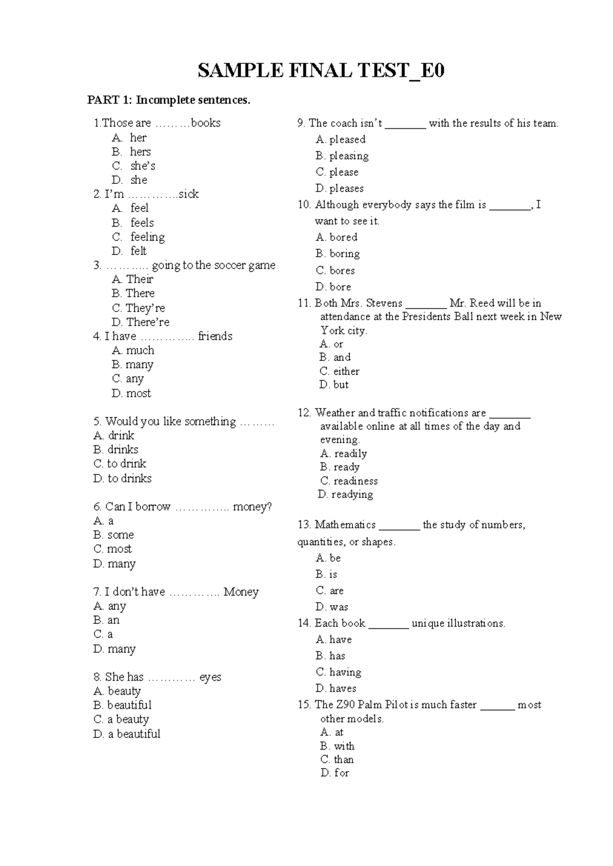 Sample Final Test E0: Incomplete Sentences & Texts - Studocu