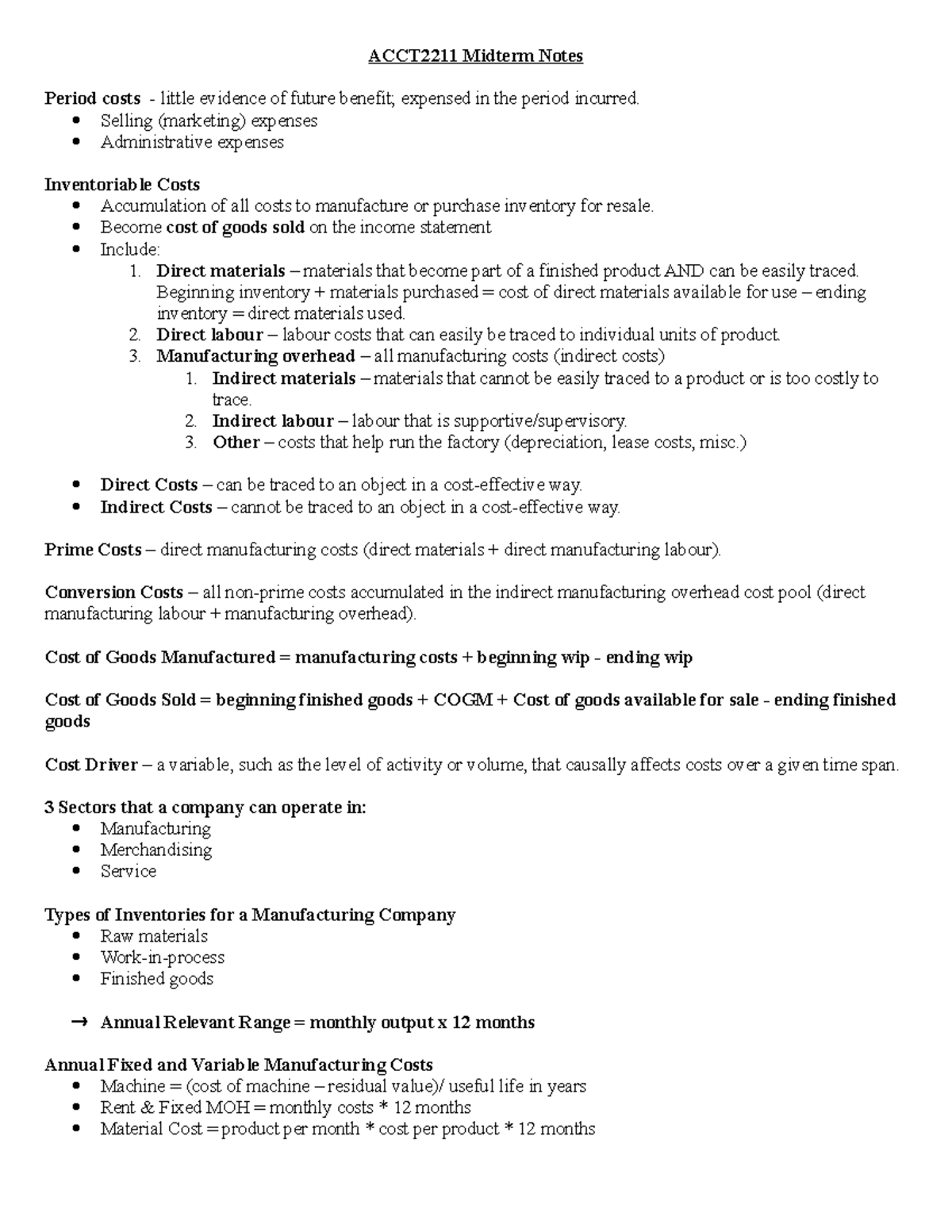 ACCT2211 Midterm Study Notes on Cost Accounting Principles - Studocu
