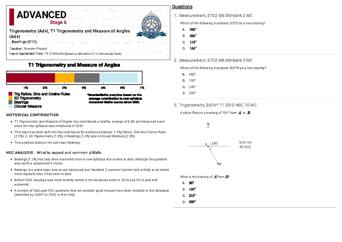 Bearings Analysis for Trigonometry (Adv) T1 - Stage 6 Exam Prep - Studocu
