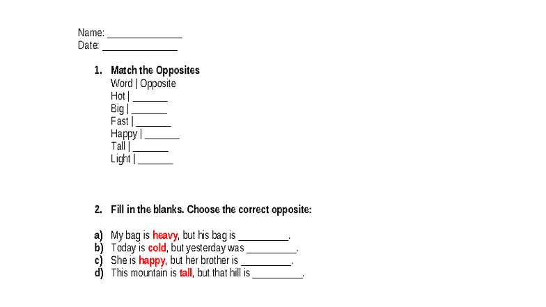 Opposites Worksheet: Matching & Fill-in-the-Blanks Activities - Studocu