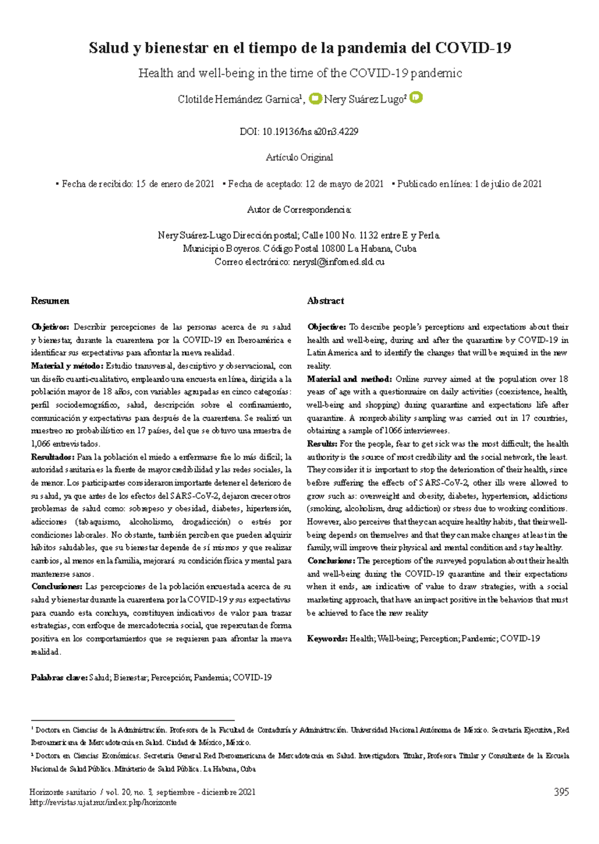 Salud y Bienestar durante la Pandemia de COVID-19: Un Estudio en ...