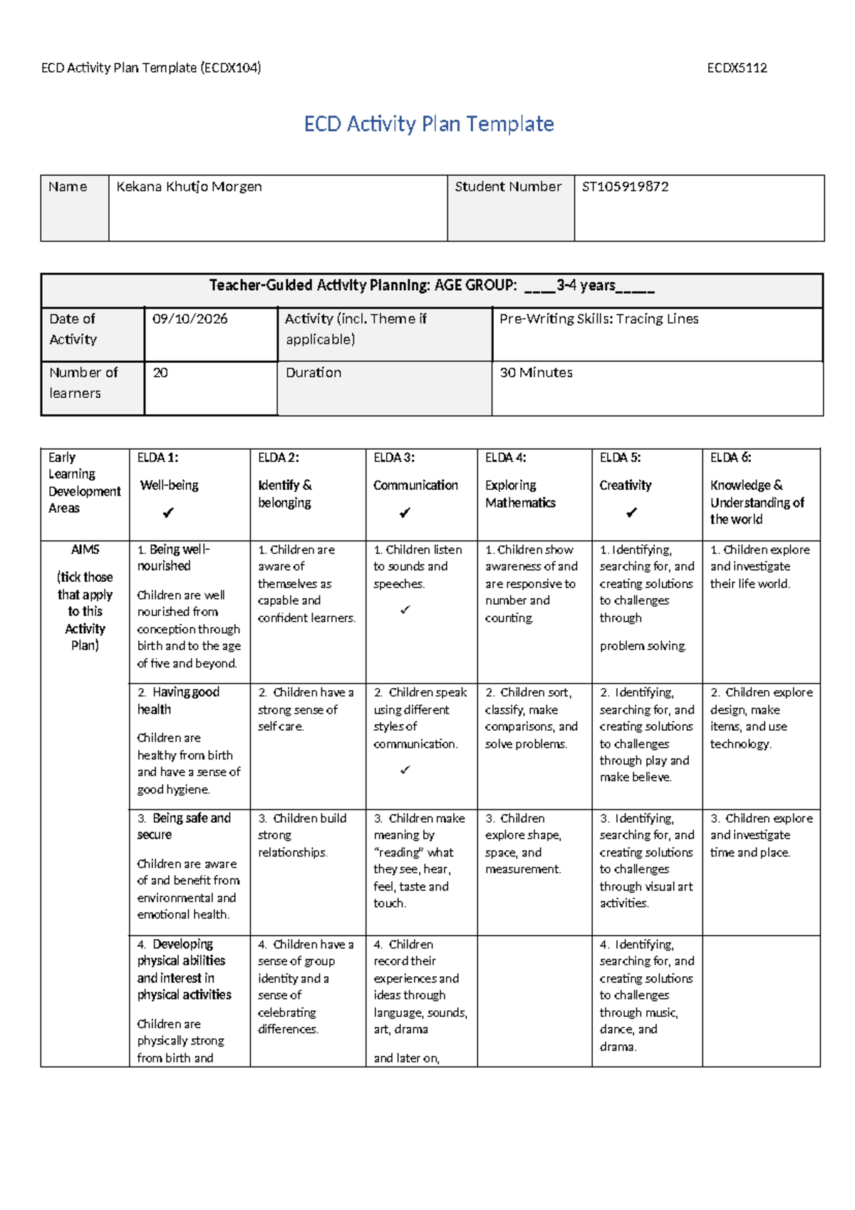 ECD Activity Plan Template (ECDX104) for Tracing Lines Activities - Studocu