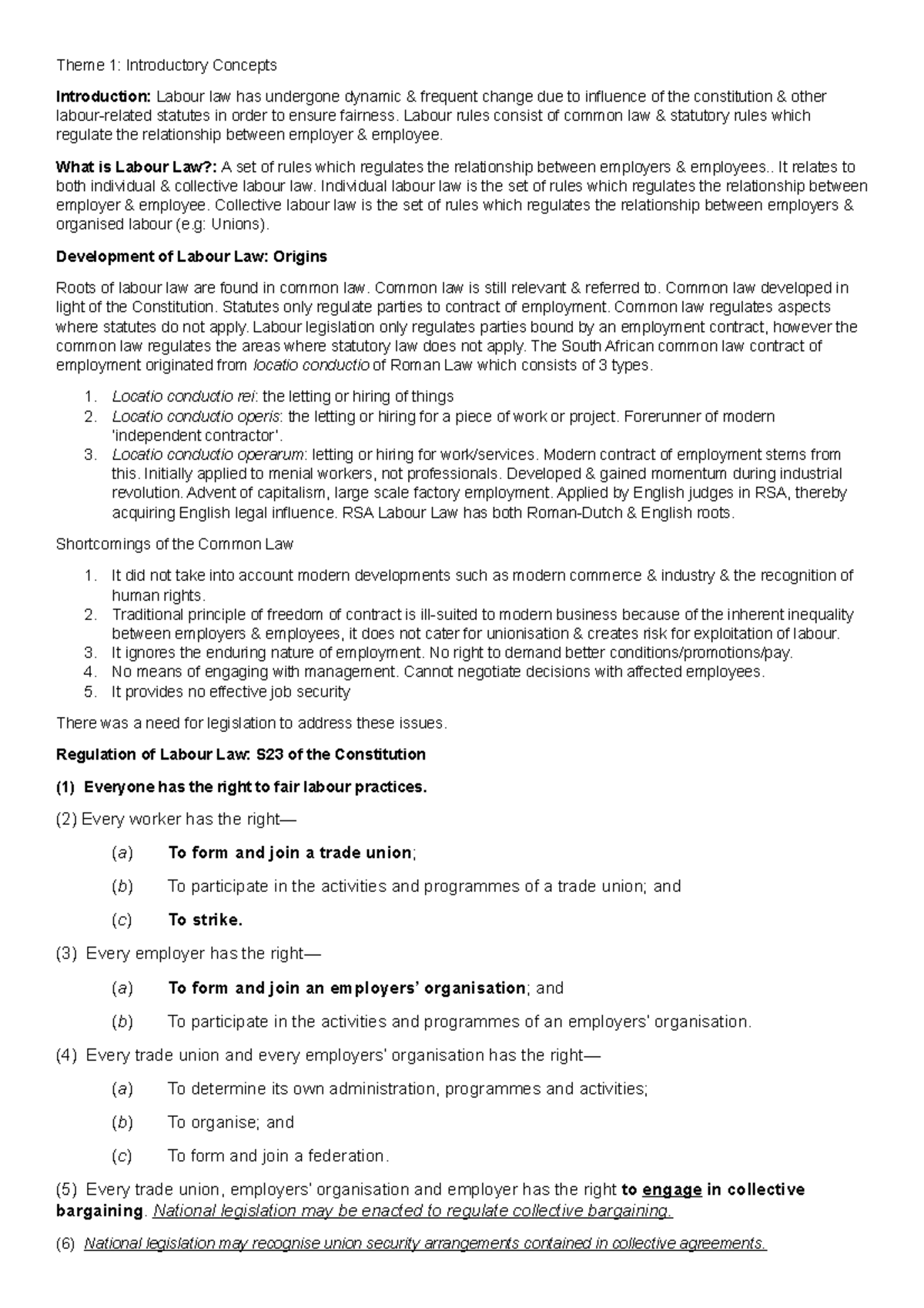 Theme 1 Notes - Summary introduction to labour law - Theme 1 ...