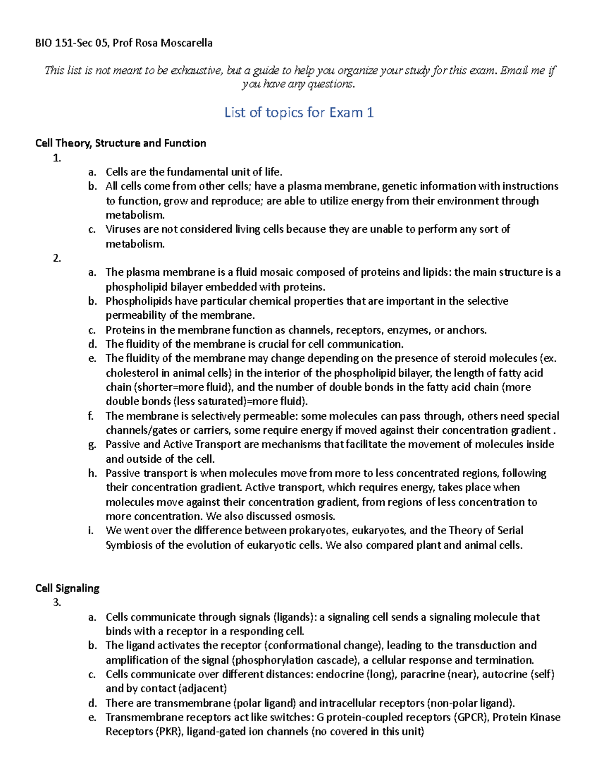 BIO 151-Sec 05: Study Guide for Exam 1 on Cell Biology Concepts - Studocu
