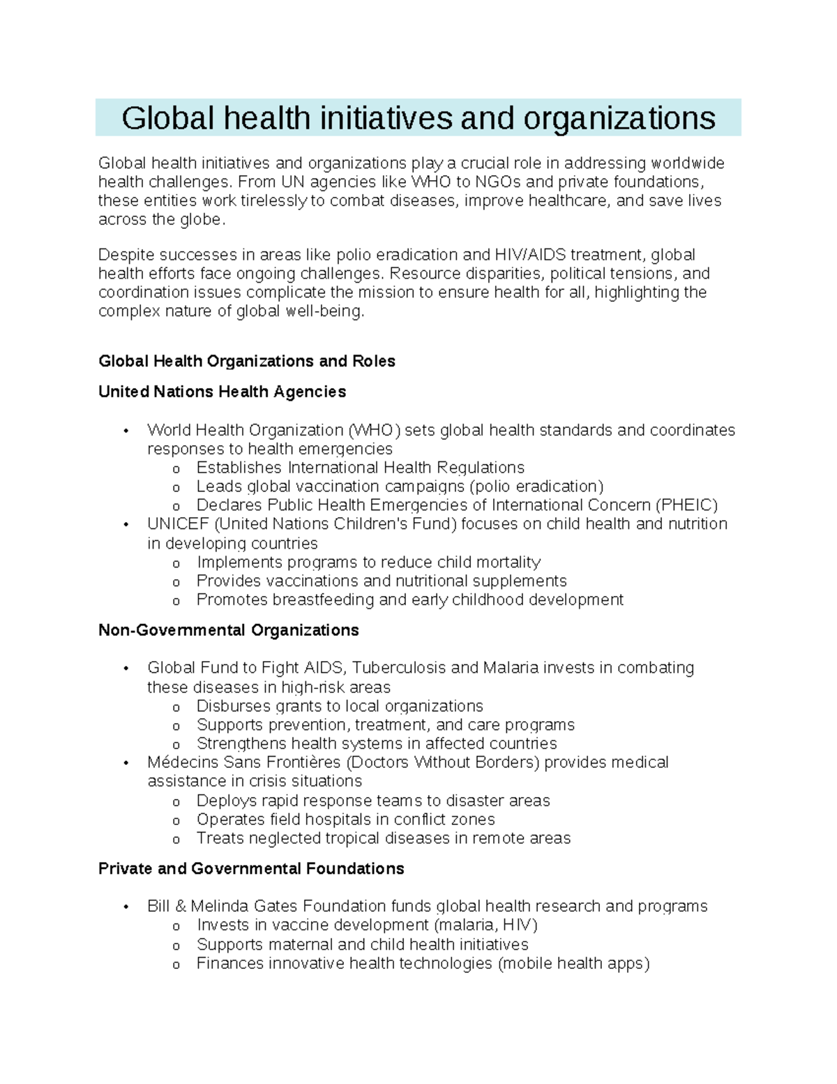 Global Health Initiatives & Organizations: Roles, Challenges, and ...