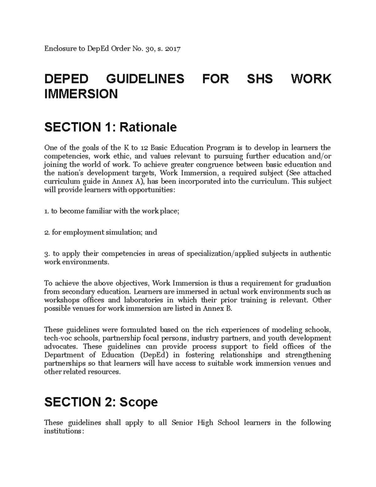 DepEd Order No. 30, s. 2017: Guidelines for Senior High School ...