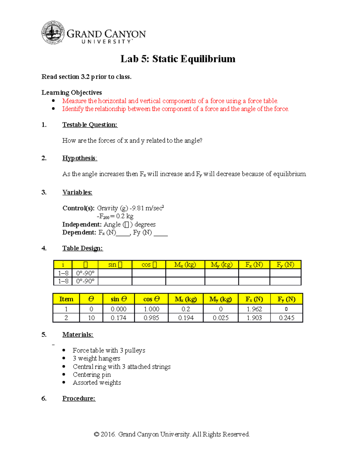 PHY-111L-RS Lab 5: Exploring Static Equilibrium and Force Components ...
