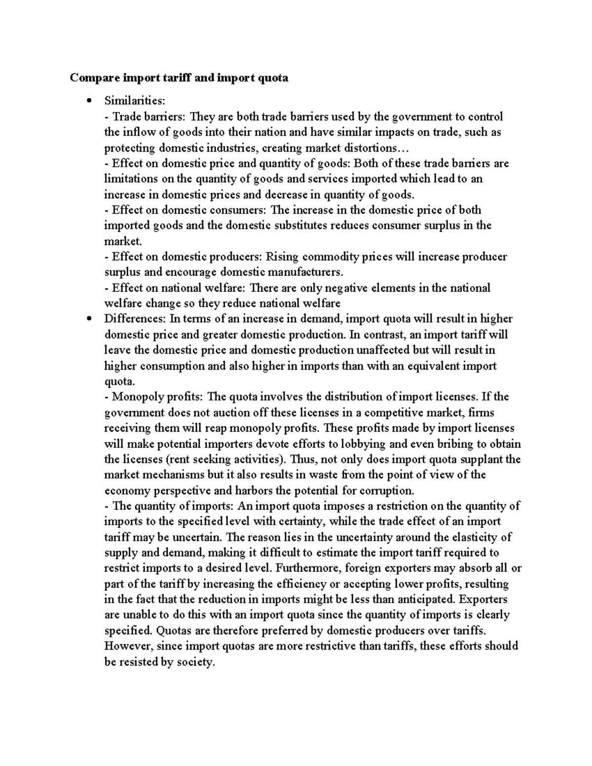 Comparative Analysis of Import Tariffs and Quotas - Studocu