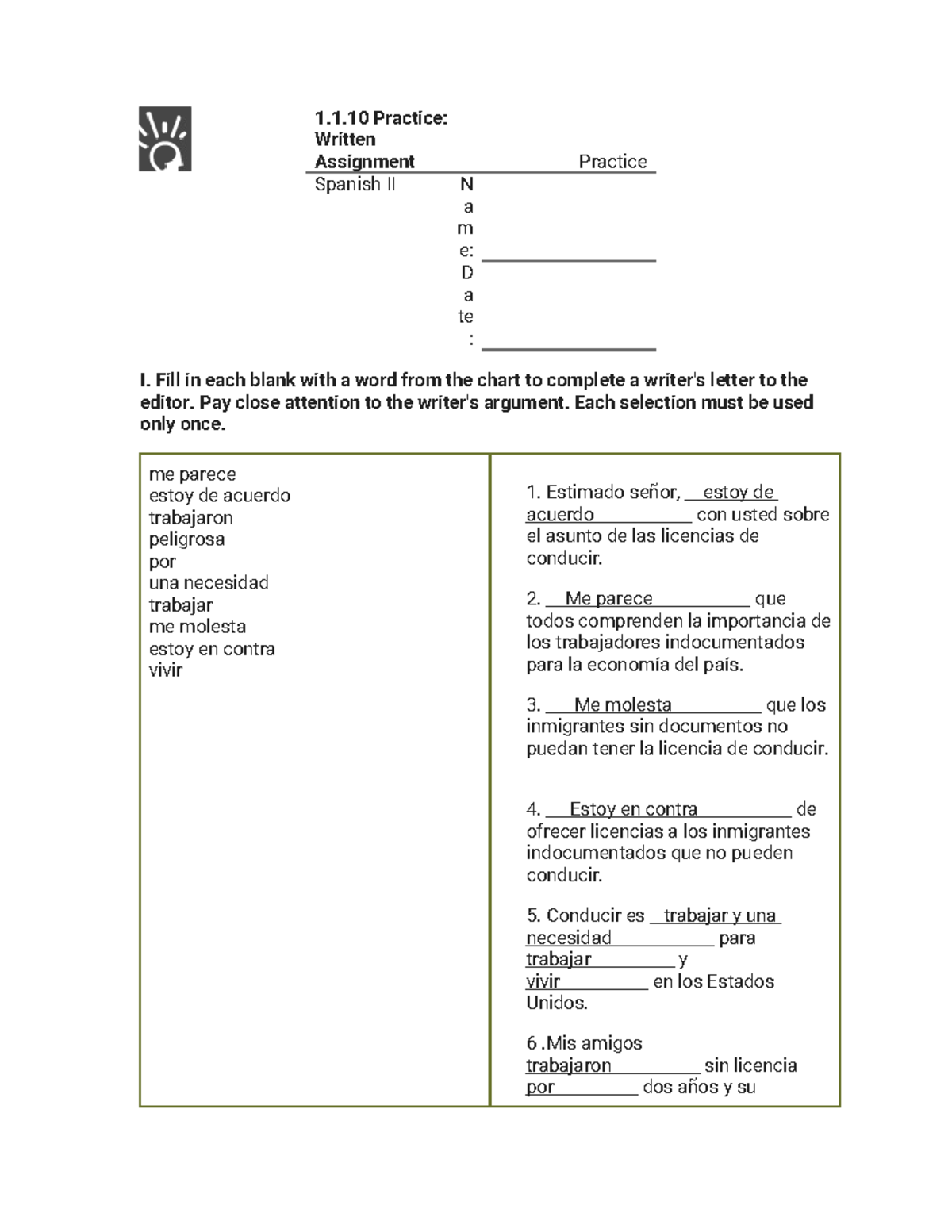 1.1.10 Practice: Written Assignment for Spanish II - Studocu