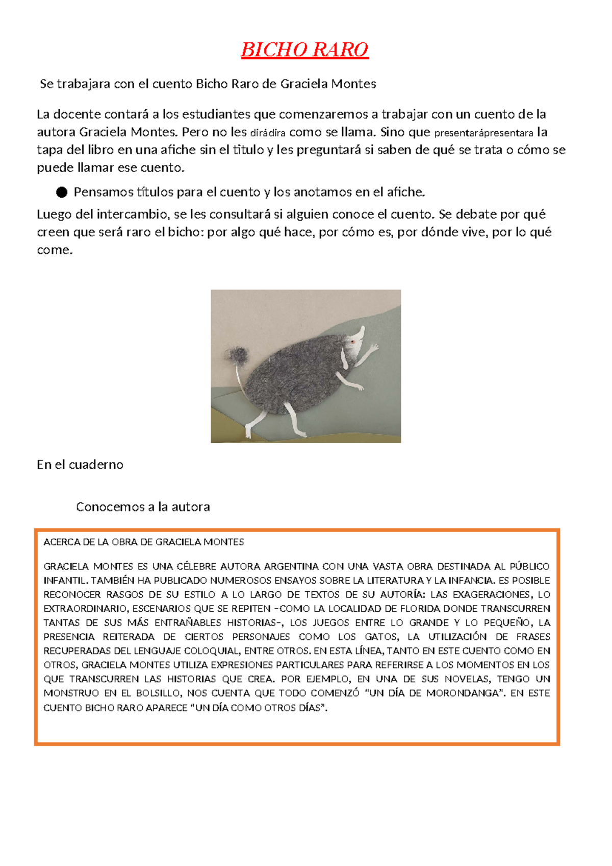 BICHO RARO: Actividades y Análisis del Cuento de Graciela Montes - Studocu
