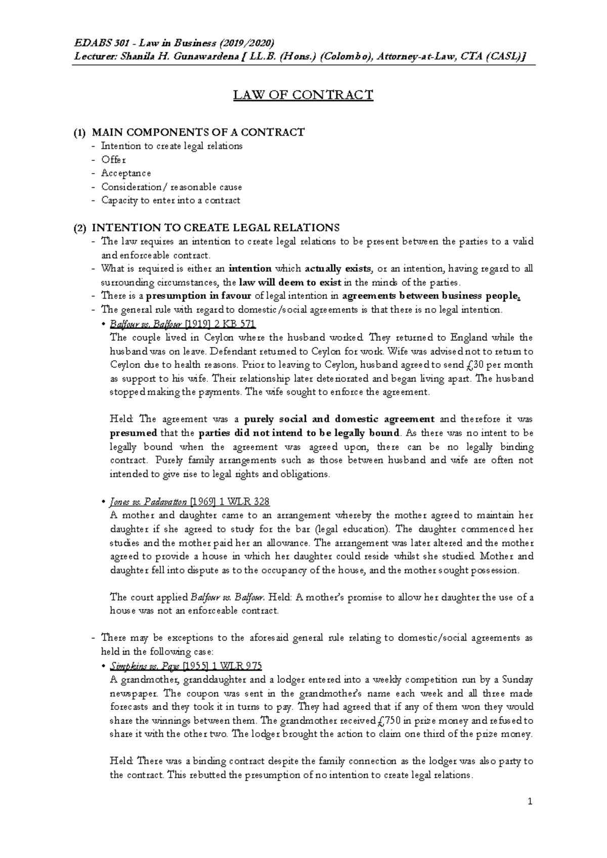 EDABS 301 Law in Business: Key Concepts of Contract Law Notes - Studocu
