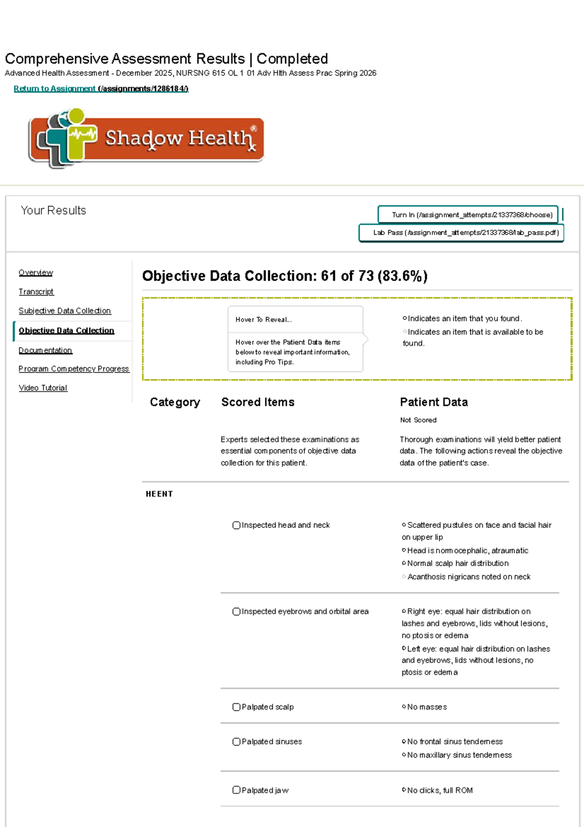Comprehensive Objective Assessment Results - NURSNG 615 OL 1 01 - Studocu