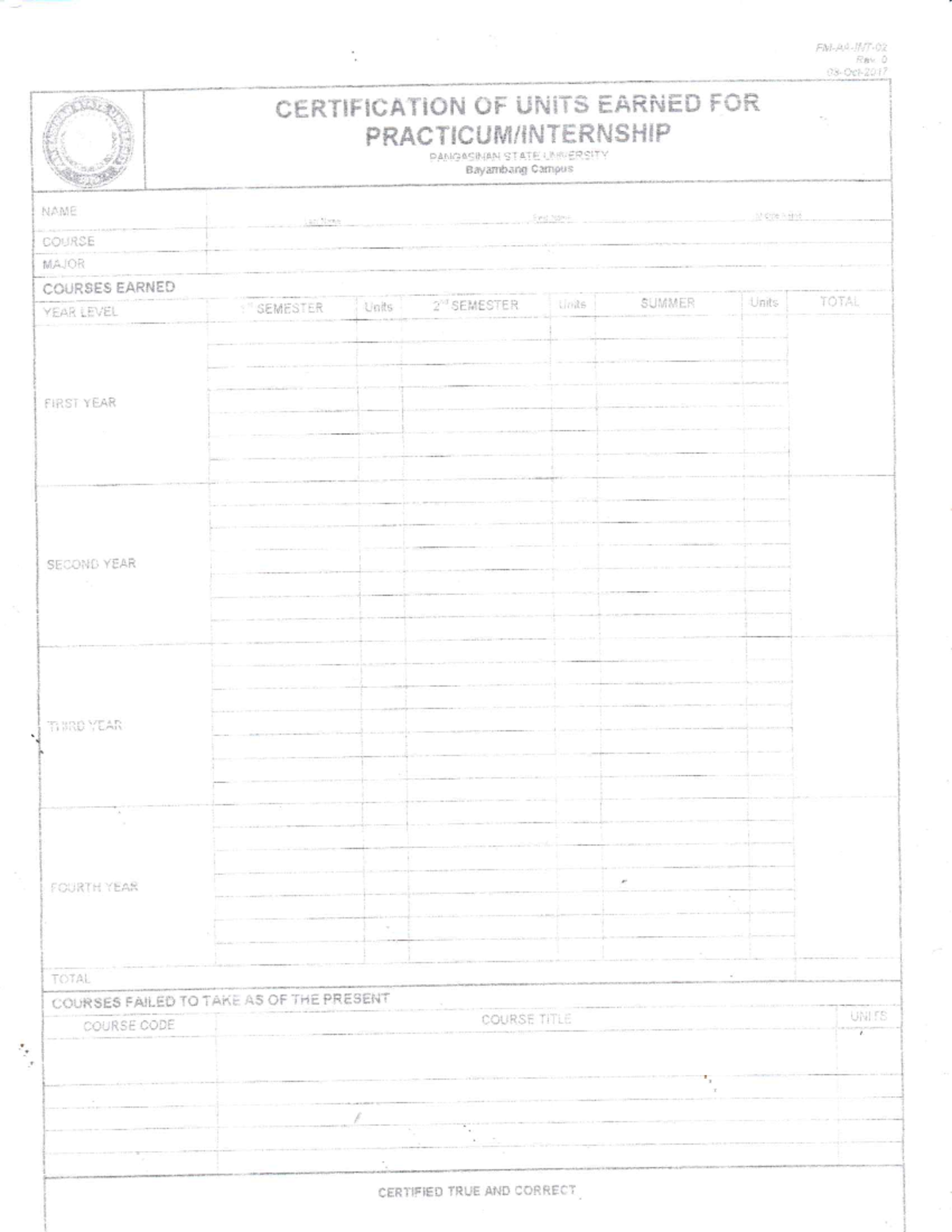 STATE CERTIFICATION OF UNITS EARNED - PANGASINAN STATE UNIVERSITY - Studocu