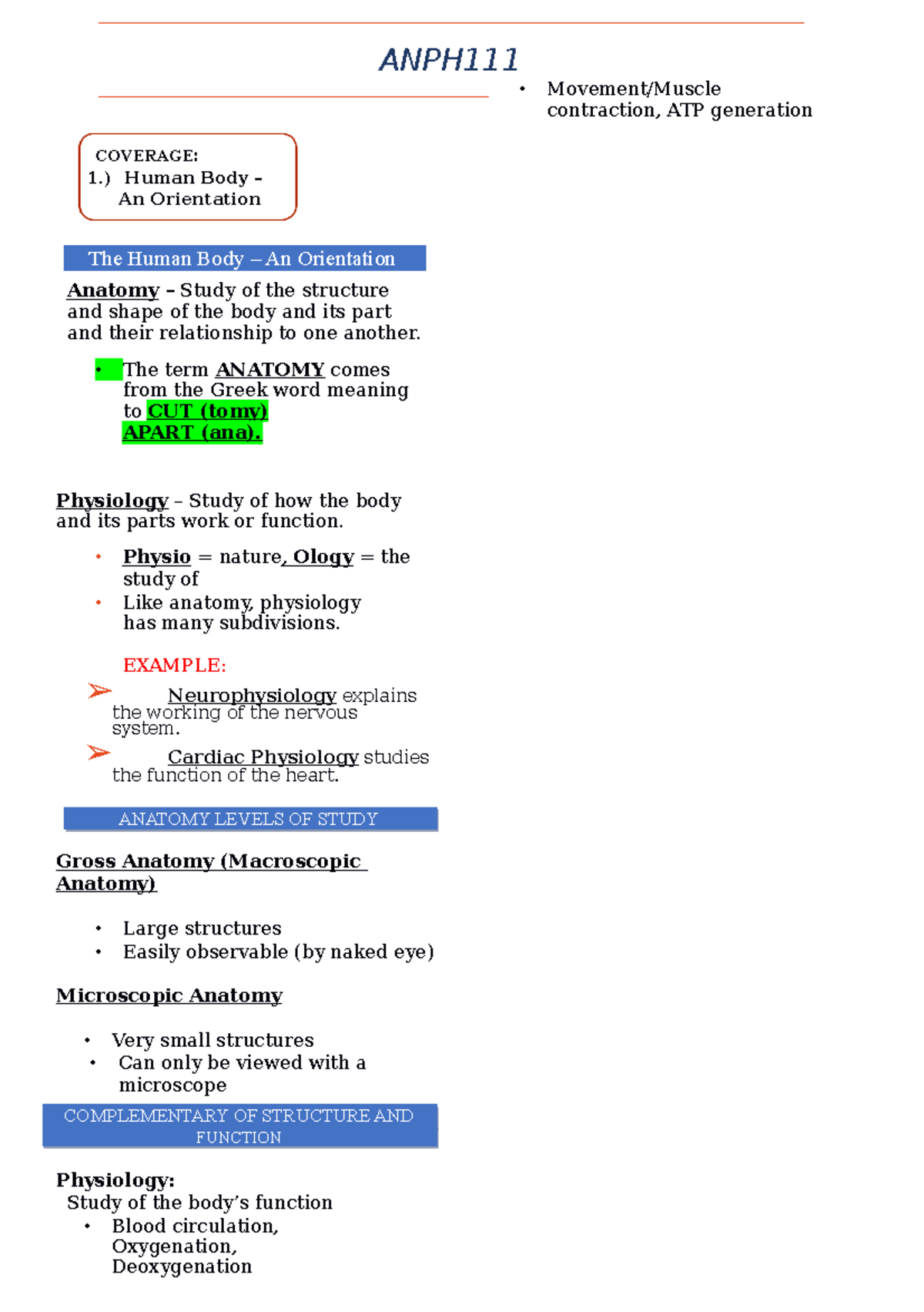 ANPH111 - Anatomy and Physiology Orientation Notes - Studocu
