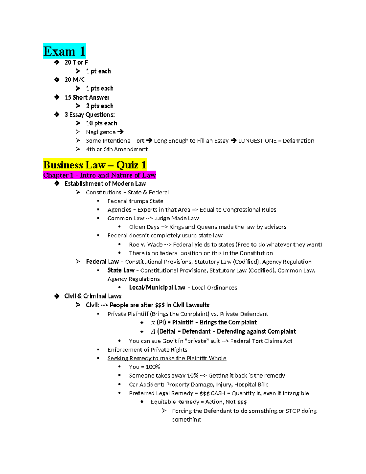 Business Law - Midterm Exam Notes (Course Code: BL-101) - Studocu