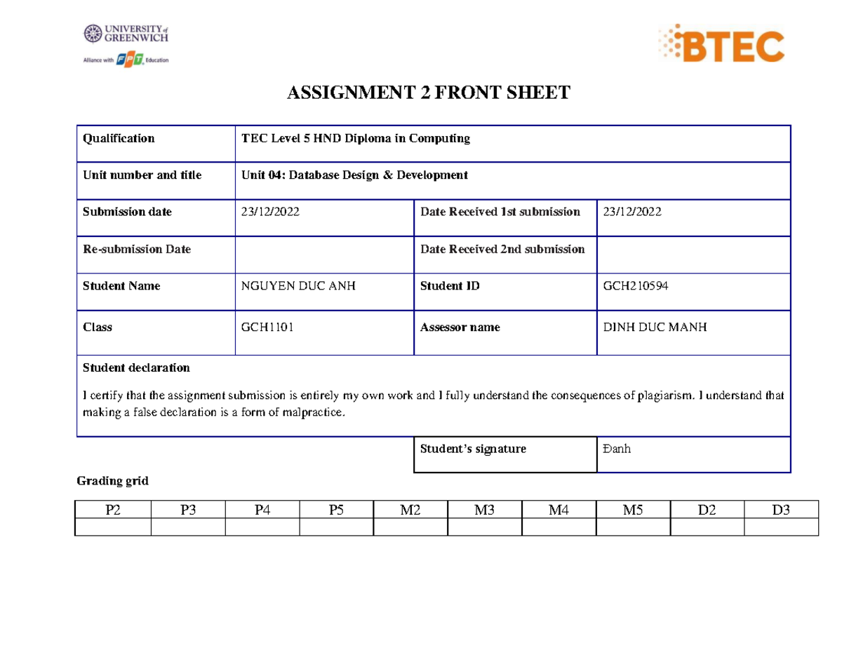 Unit 04 - Database Design & Development: Assignment 2 Front Sheet - Studocu