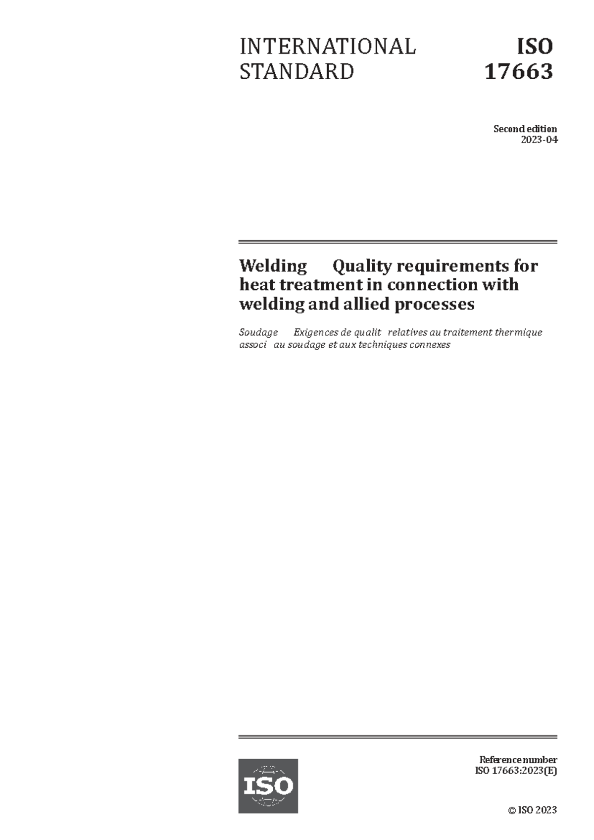 ISO 17663:2023 - Welding Quality Requirements for Heat Treatment - Document Preview