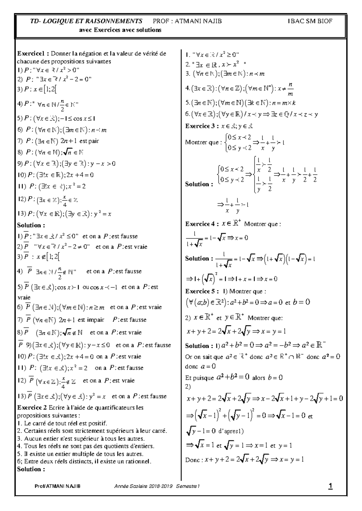 Notions de Logique: Corrigé Exercices 1-30 en TD LOGIQUE 1BAC SM BIOF ...