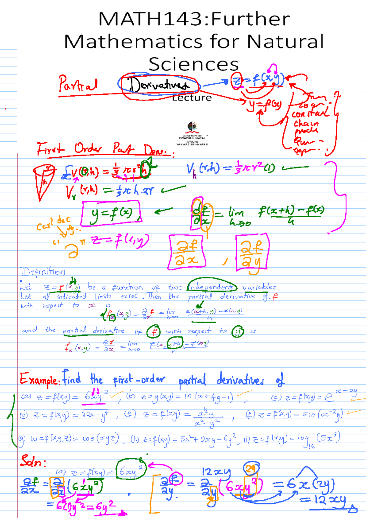 MATH143: Partial Derivatives Lecture Notes for Natural Sciences - Studocu