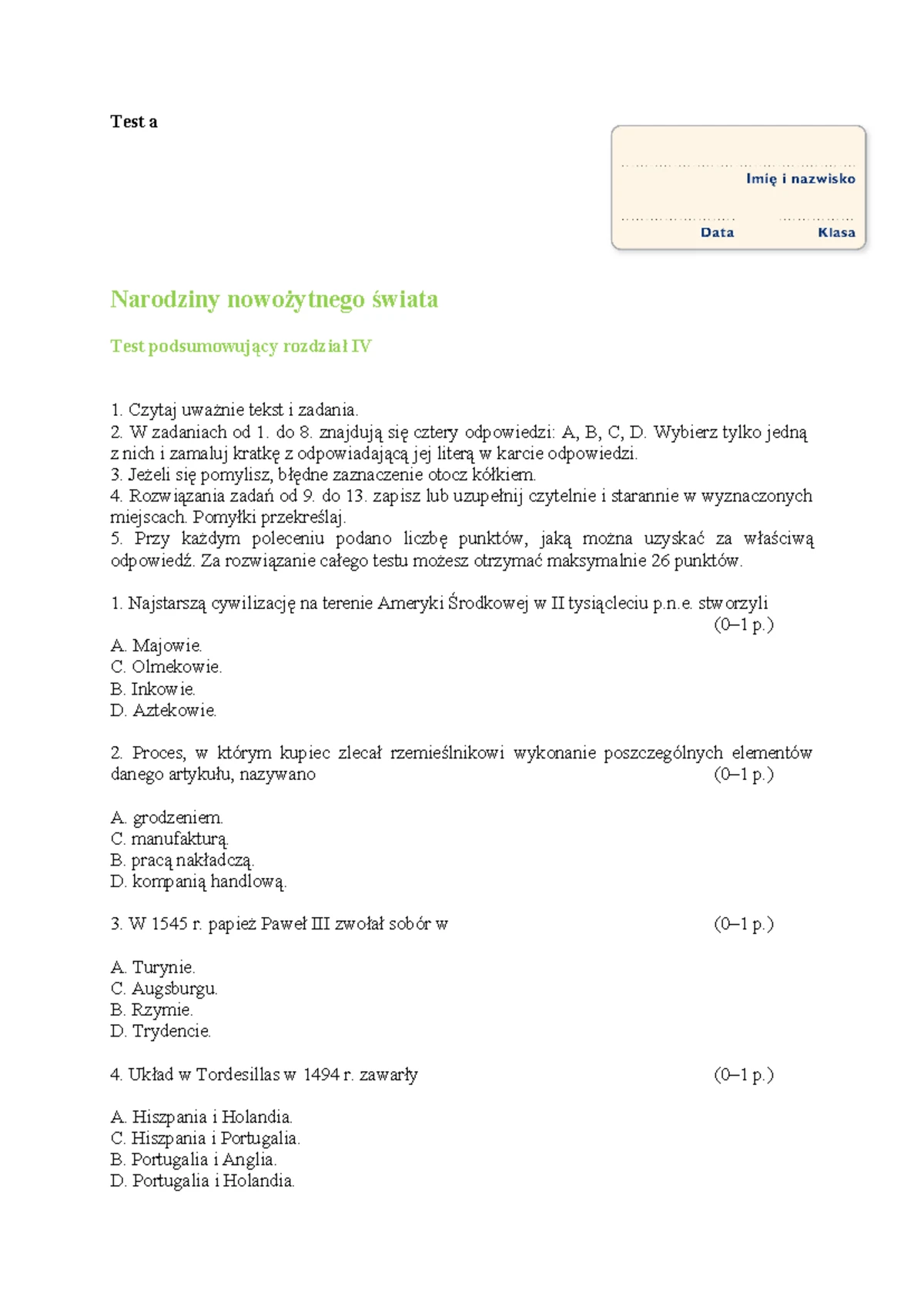 Sprawdzian Klasa 6 Historia Dział 1 Narodziny Nowożytnego świata www.studocu.com