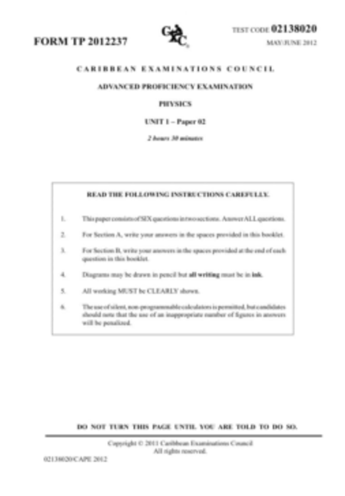 CAPE Physics Unit 1 Test Paper 2012: Exam Questions & Solutions - Studocu