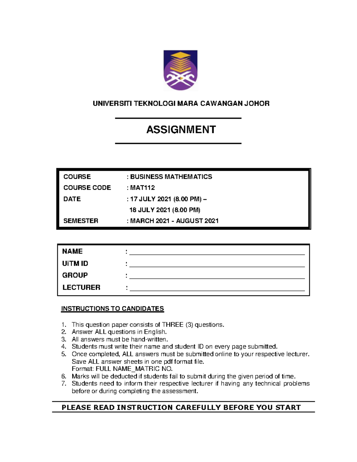 Assignment MAT112 - Business Mathematics Questions & Instructions - Studocu